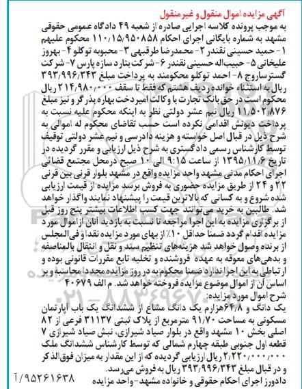 مزایده,مزایده یک دانگ و 64.8 هزارم یک دانگ مشاع از اپارتمان
