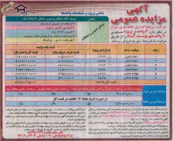 مزایده,مزایده شش واحد از پروژه مسکونی ده واحدی یوسف اباد