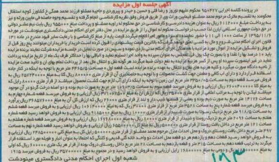 مزایده,مزایده 11 قطعه ملک پرونده کلاسه اجرایی 950427 جلسه اول