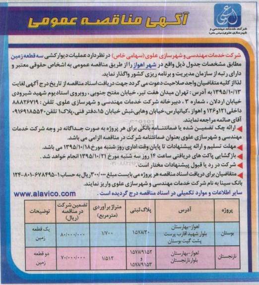 آگهی مناقصه عمومی, مناقصه عملیات دیوارکشی سه قطعه زمین