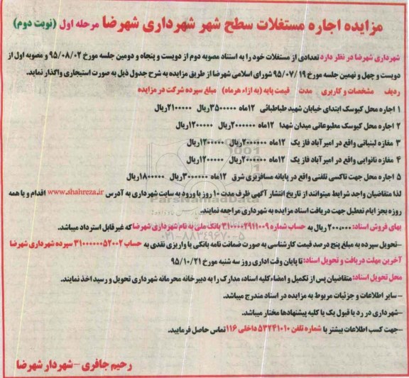 مزایده , مزایده اجاره مستغلات سطح شهر