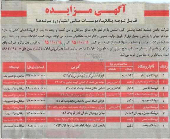 مزایده ، مزایده منافع سرقفلی و حق کسب و پیشه ده باب از فروشگاههای کفش بلا