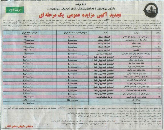 تجدید آگهی مزایده عمومی یک مرحله ای , مزایده واگذاری بهره برداری از فضاهای تبلیغاتی تجدید نوبت دوم