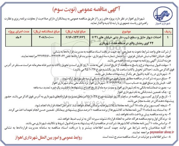 مناقصه عمومی, مناقصه احداث دیوار حایل و سطح شیب دار بتنی - نوبت سوم