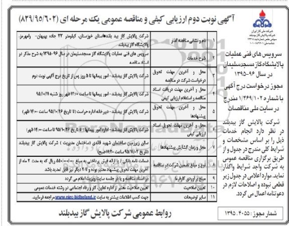 آگهی ارزیابی کیفی و مناقصه عمومی یک مرحله ای, ارزیابی کیفی سرویس های فنی عملیات پالایشگاه گاز