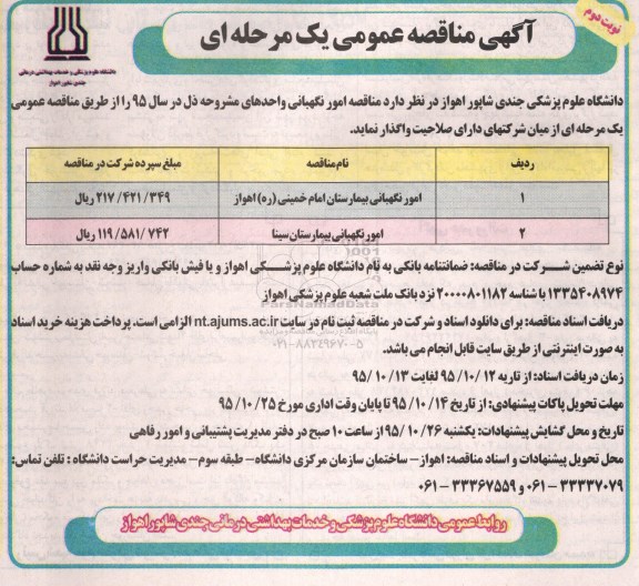 آگهی مناقصه عمومی یک مرحله ای,مناقصه امور نگهبانی بیمارستان ها- نوبت دوم