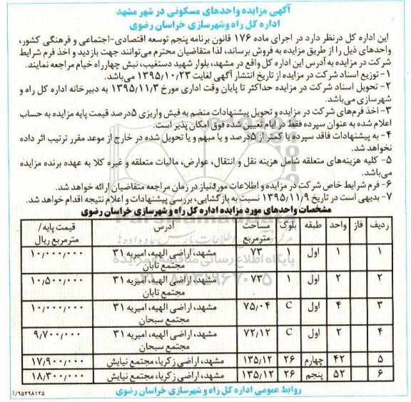 مزایده,مزایده واحدهای مسکونی در شهر مشهد