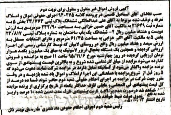 مزایده, مزایده ششدانگ پلاک ثبتی 23/773 بخش 5 و ... نوبت دوم