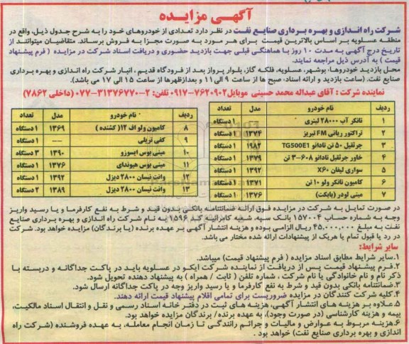 آگهی مزایده, مزایده تعدادی از خودروها