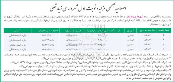 مزایده,مزایده فروش اراضی تفکیکی شهری اصلاحیه 