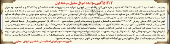آگهی مزایده, مزایده یک دستگاه فر خط تولید پخت کیک و کلوچه