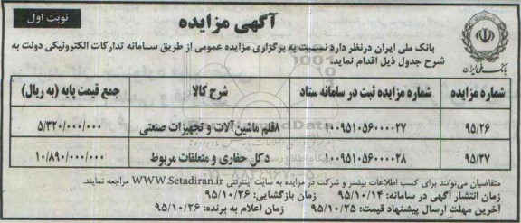 مزایده 8 قلم ماشین آلات و تجهیزات صنعتی ...