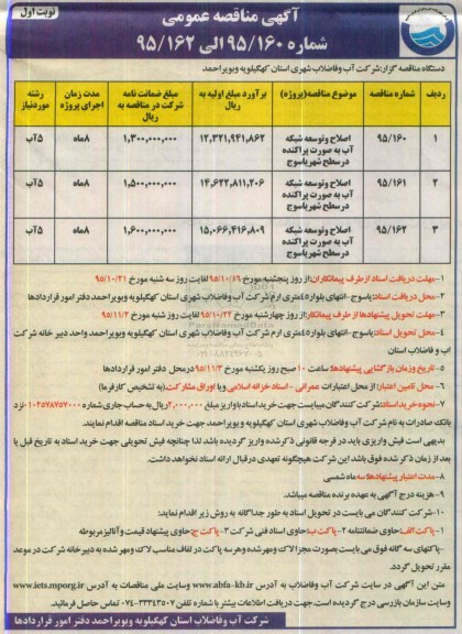 آگهی مناقصه عمومی,مناقصه اصلاح و توسعه شبکه آب به صورت پراکنده در سطح شهر یاسوج