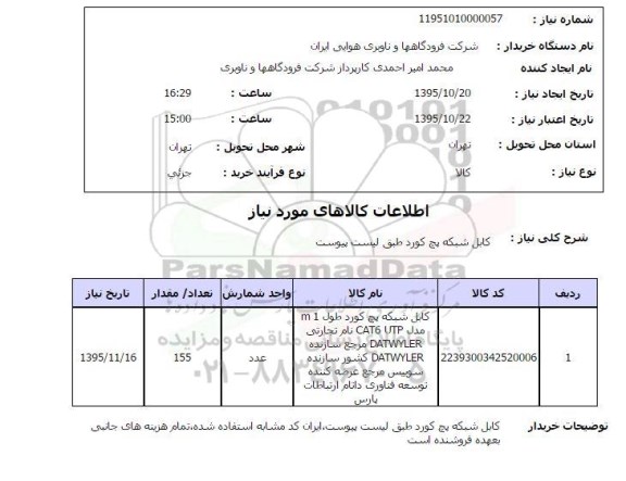 استعلام ،استعلام کابل شبکه پچ کورد