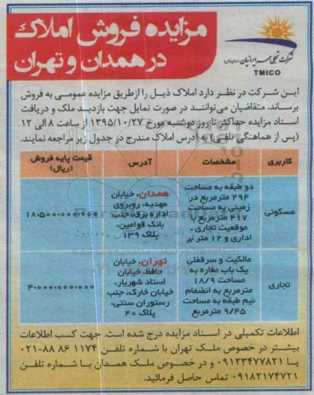 مزایده,مزایده املاک مسکونی تجاری مساحت 294 و 18.9متر