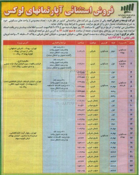 مزایده,مزایده فروش استثنایی اپارتمانهای لوکس