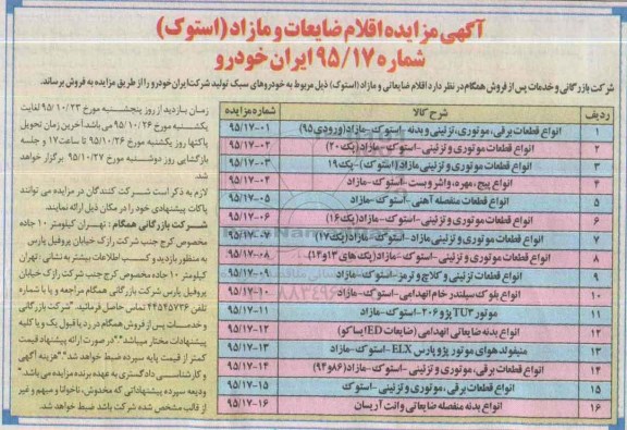 آگهی مزایده , مزایده انواع قطعات برقی، موتوری  و ... 