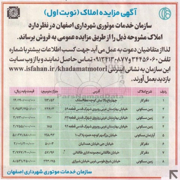 مزایده,مزایده املاک شامل دفتر کار اپارتمان و زمین 