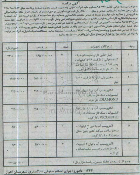 مزایده,مزایده چیلر جذبی ، مخزن پلی اتیلن ، الکتروپمپ آب