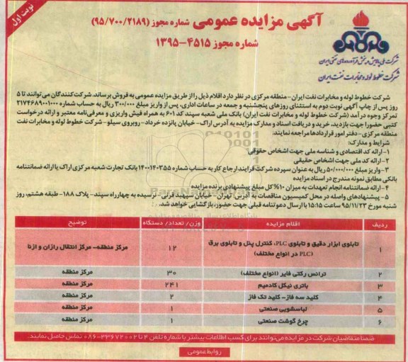 مزایده عمومی , مزایده عمومی اقلام تابلوی ابزار دقیق و تابلوی PLC و ...