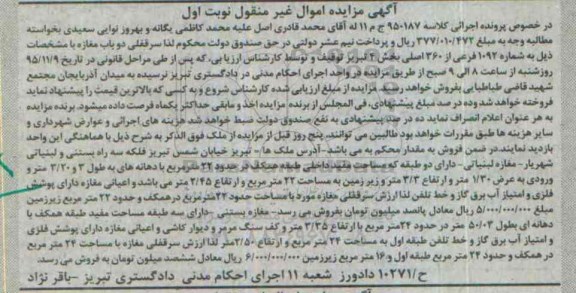 مزایده,مزایده سرقفلی دو باب مغازه بخش چهار تبریز نوبت اول