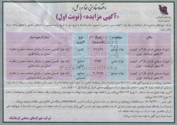 مزایده,مزایده سه قطعه زمین کاربری فلزی صنایع غذایی و شیمیایی