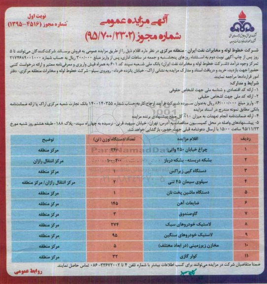 آگهی مزایده عمومی, مزایده فروش چراغ خیابان 250 واتی ...