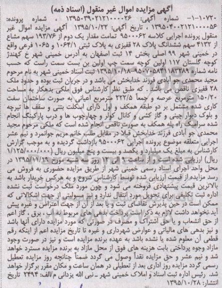 مزایده,مزایده تمامت مقدار یک دوم از 193.76 سهم مشاع از 4132 سهم پلاک بیست و هشت