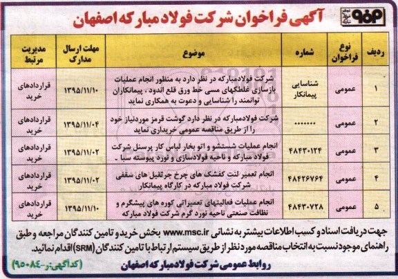 فراخوان , فراخوان انجام عملیات بازسازی غلطکهای مسی خط ورق قلع اندود ....