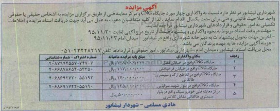 آگهی مزایده, مزایده واگذاری چهار مورد جایگاه CNG و مرکز معاینه فنی