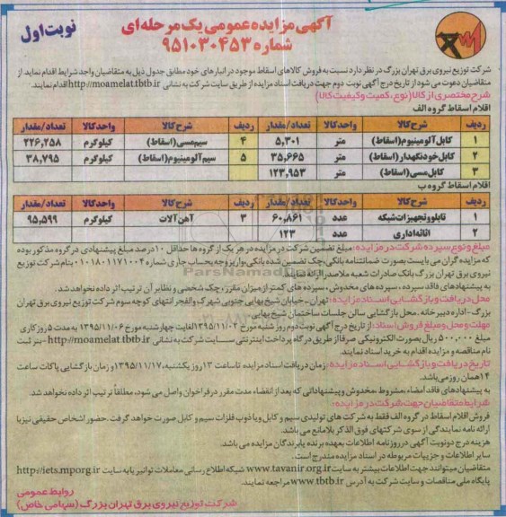 آگهی مزایده , مزایده فروش کابل آلومینیوم (اسقاط ) ....
