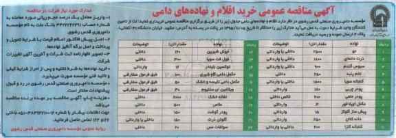 آگهی مناقصه عمومی , مناقصه خرید اقلام و نهاده های دامی از قبیل جو، ذرت دانه ای و ...