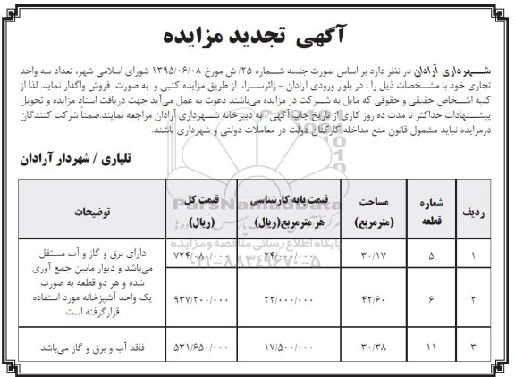 مزایده,مزایده واگذاری تعداد سه واحد تجاری 30.17 و 42.60 و 30.38متر 