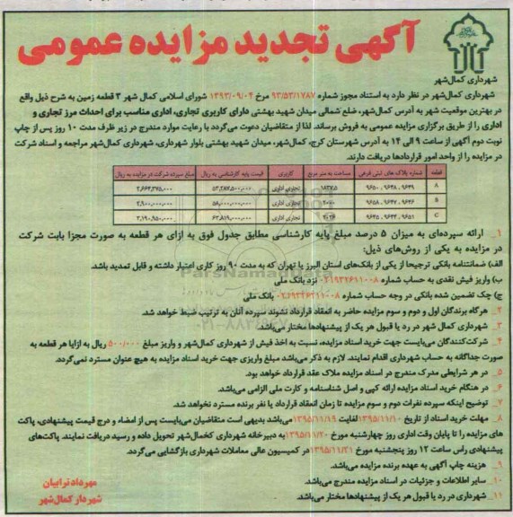 مزایده,مزایده فروش سه قطعه زمین کاربری تجاری اداری