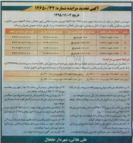 مزایده,مزایده تعداد 4 قطعه زمین با قابلیت تجاری مسکونی 