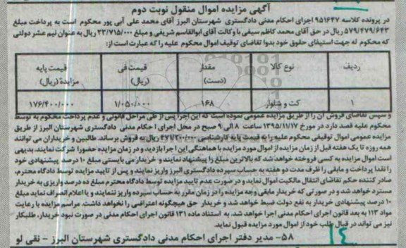 مزایده,مزایده فروش کت و شلوار به تعداد 168 دست- نوبت دوم