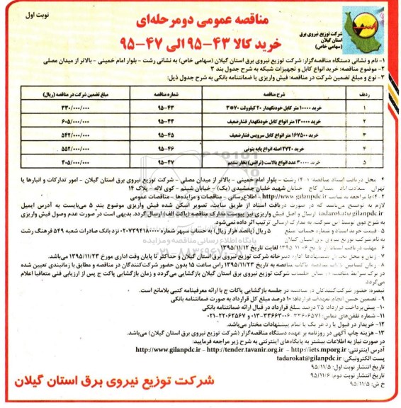 مناقصه عمومی, مناقصه خرید انواع کابل و تجهیزات شبکه