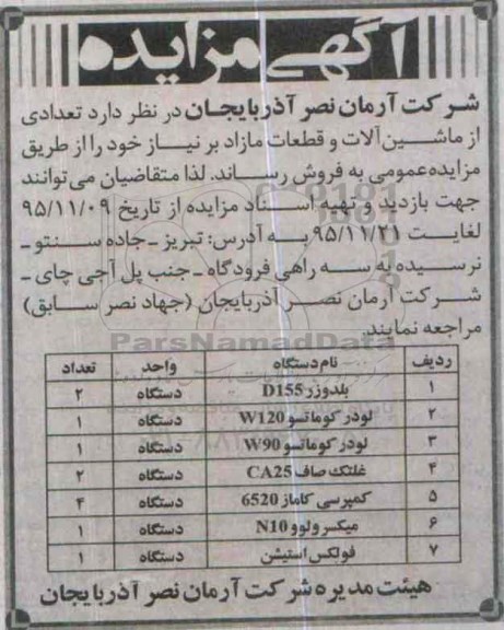 مزایده ، مزایده تعدادی از ماشین آلات و قطعات مازاد برنیاز خود