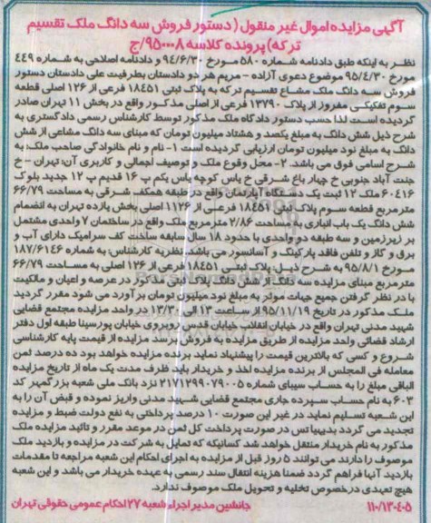 مزایده,مزایده سه دانگ ملک تقسیم اپارتمان 66.79متر