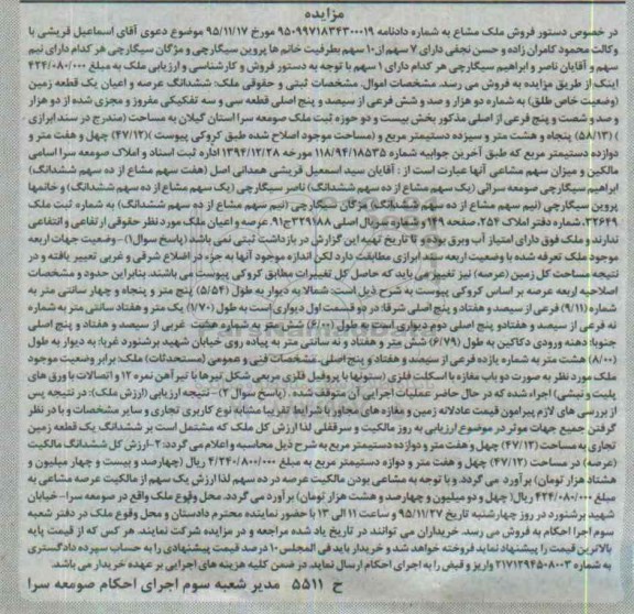 مزایده,مزایده ششدانگ عرصه و اعیان یک قطعه زمین بخش بیست و دو