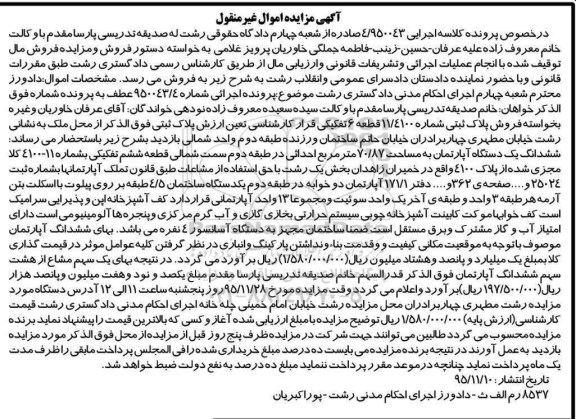 مزایده,مزایده ششدانگ اپارتمان به مساحت 70.87 متر