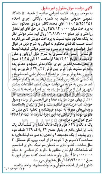 مزایده,مزایده یک دانگ و 629 هزارم یک دانگ مشاع از اپارتمان