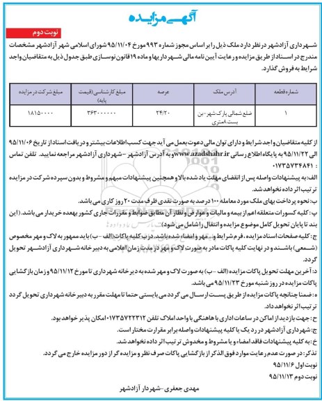 مزایده,مزایده ملک با عرصه 24.20متر نوبت دوم