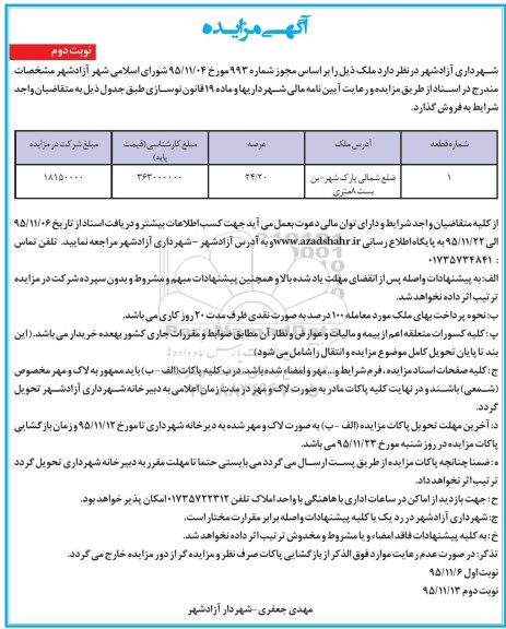 مزایده,مزایده ملک با عرصه 24.20متر نوبت دوم 