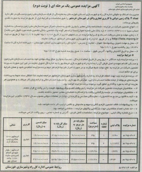 مزایده,مزایده تعداد 4 پلاک زمین دولتی نوبت دوم 