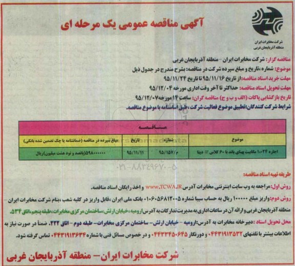 مناقصه ، مناقصه اجاره 1.024 مگابیت پهنای باند با 60کلاس IP دیتا 