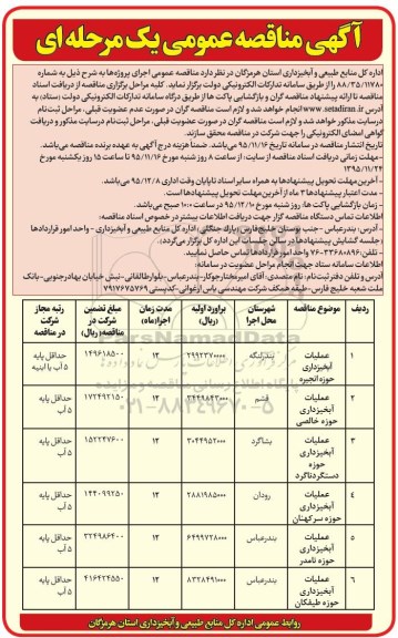 آگهی مناقصه عمومی یک مرحله ای, مناقصه عملیات آبخیزداری حوزه انجیره