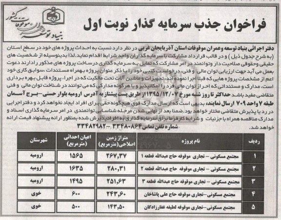 فراخوان جذب سرمایه گذار,فراخوان احداث پروژه ها