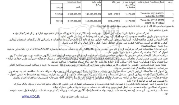 آگهی مناقصه عمومی همراه با ارزیابی کیفی,مناقصه DRILL PIPES