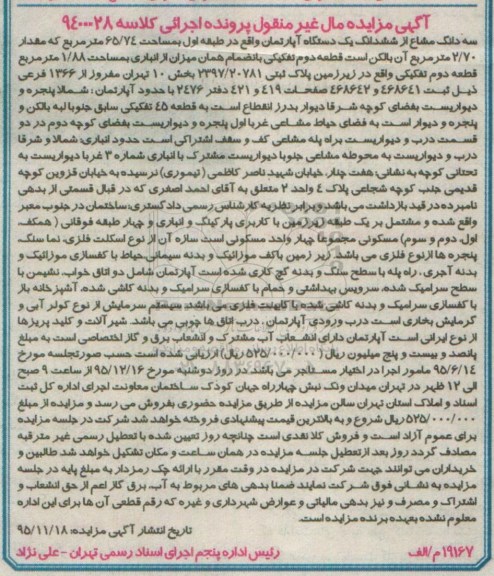 مزایده,مزایده یک دستگاه آپارتمان کلاسه 9400028